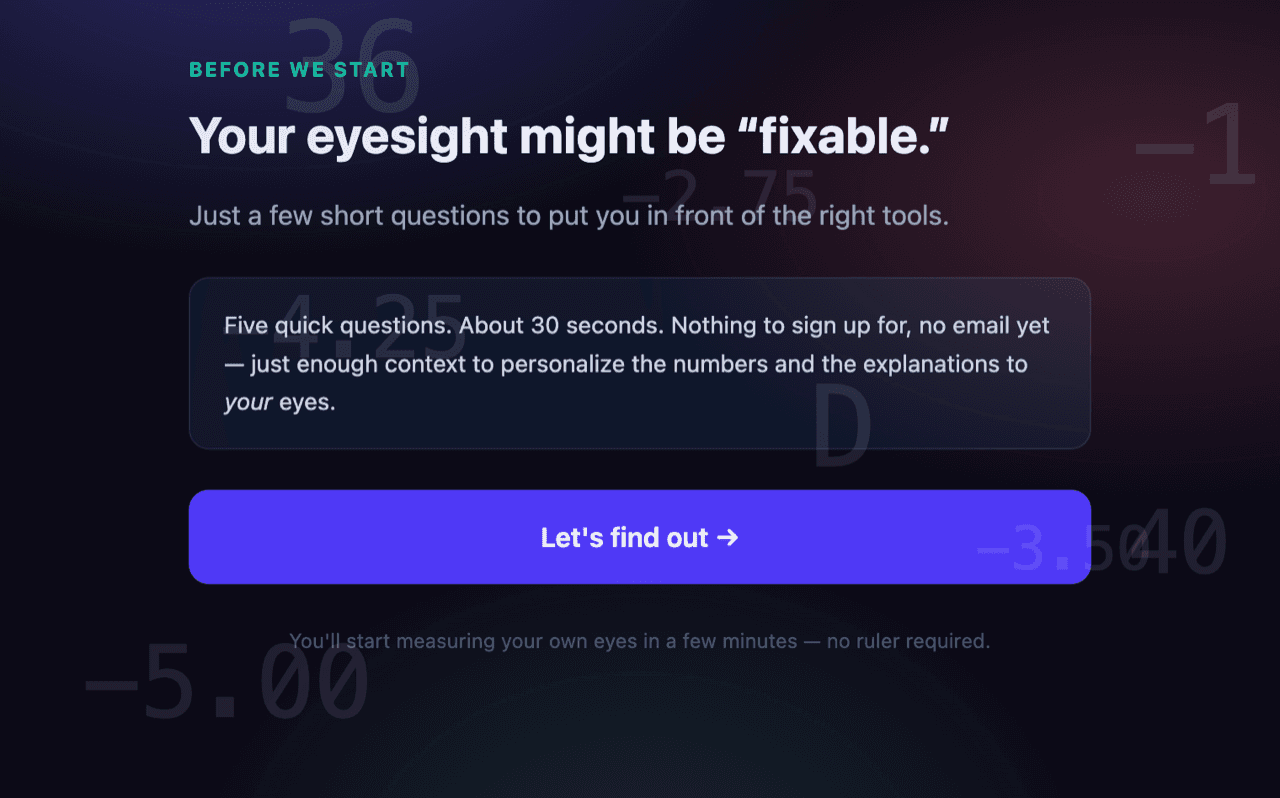 Eyeball Analyzer entry screen: "Your eyesight might be 'fixable.'" with the Let's find out button