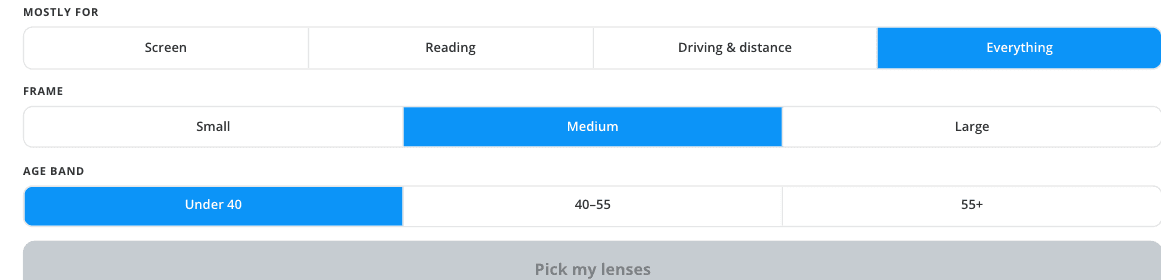Mostly-for, frame size, and age-band selectors above the Pick my lenses button