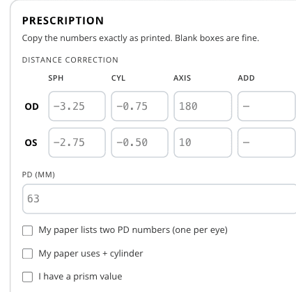 Prescription input card — OD/OS rows for SPH, CYL, AXIS, ADD, plus PD