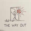 Figure walking out a door into sunlight, glasses left behind