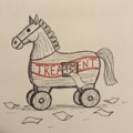 Wooden trojan horse labeled TREATMENT