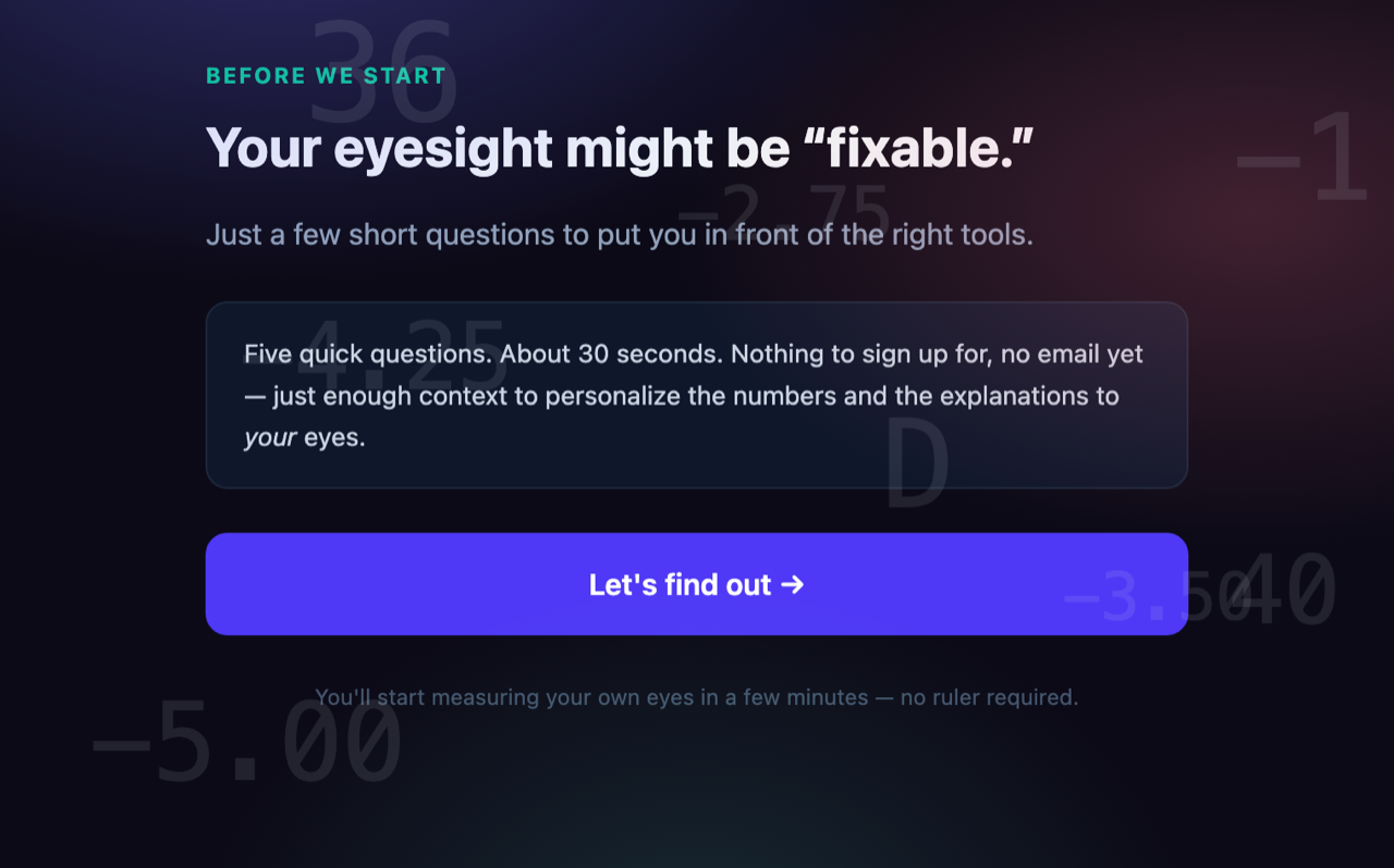Eyeball Analyzer entry screen: "Your eyesight might be 'fixable.'" with the Let's find out button