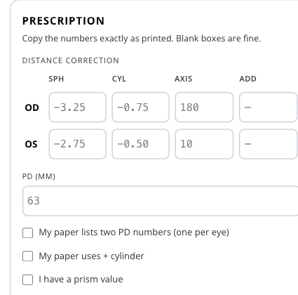 Prescription input card — OD/OS rows for SPH, CYL, AXIS, ADD, plus PD